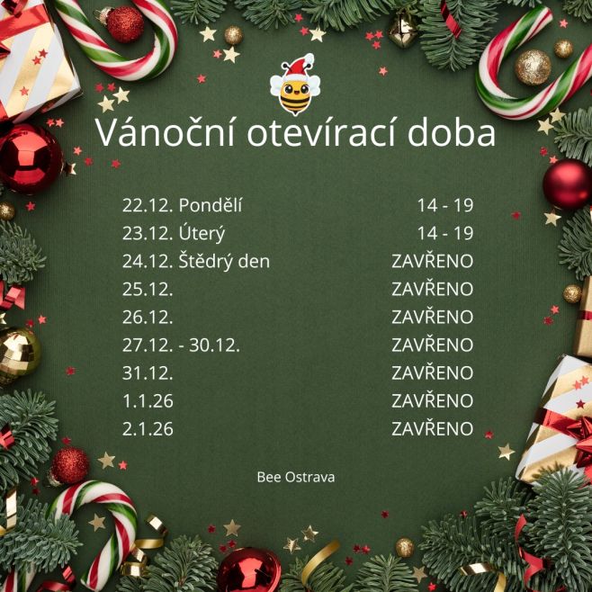 Vánoční otevírací doba Bee Ostrava 🎄 Pokud se k nám chystáte ještě před svátky, tady je přehled, ať víte, kdy máme...