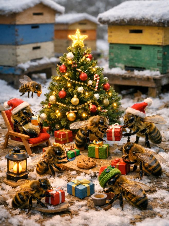 🎄🐝 V úlech je vánoční pohoda! Naše včelky si letos dávají pauzu – relaxují u stromečku, rozdávají dárečky a přejí Vám...